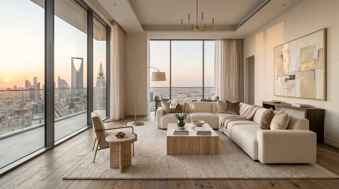 A bright, well-kept short-term rental living room in Riyadh