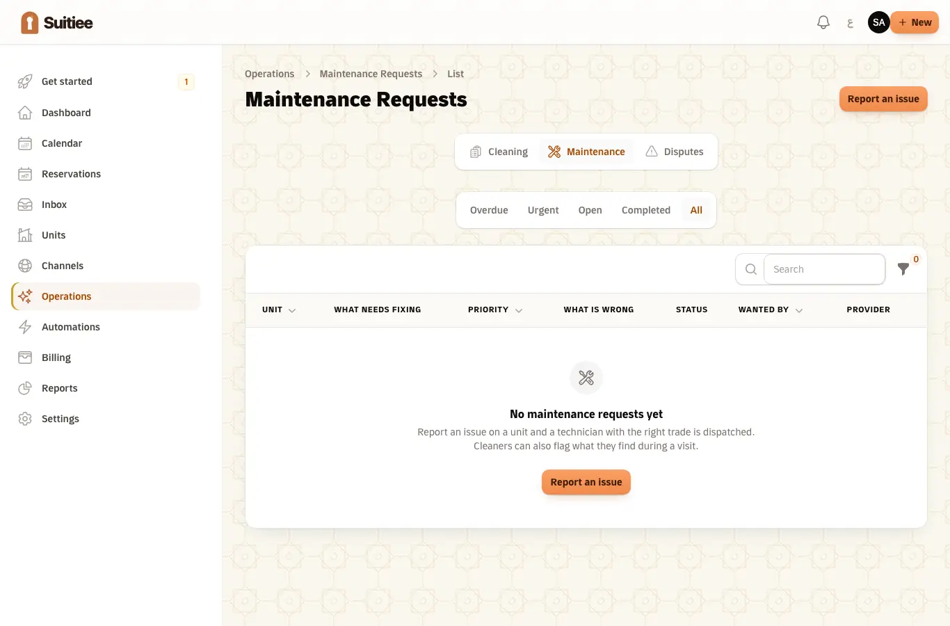 Maintenance requests, with trade and priority