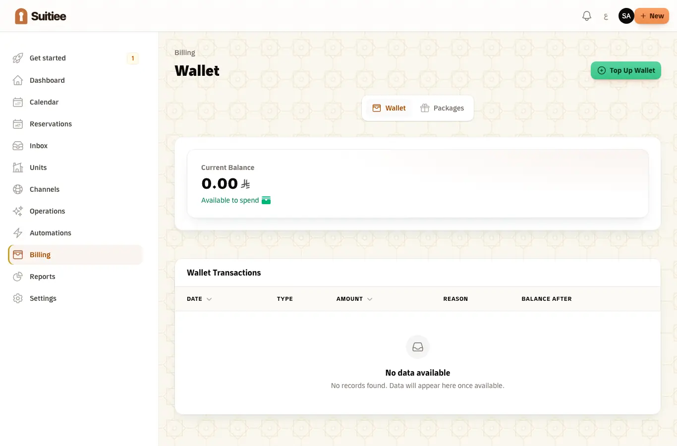 The wallet, with balance and the ledger below it