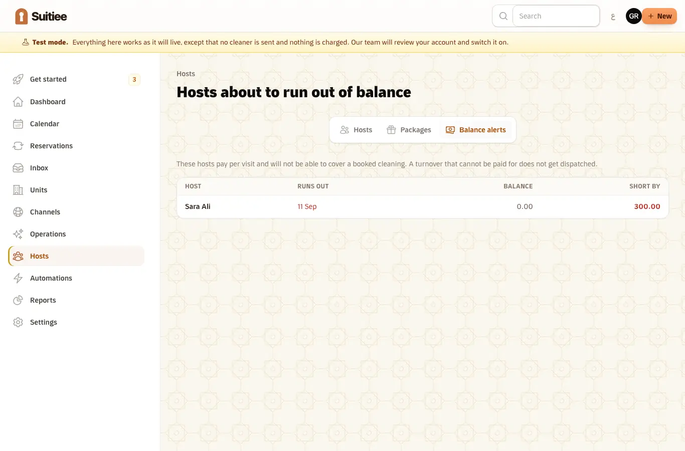 Balance alerts: hosts whose wallet will not cover what is booked