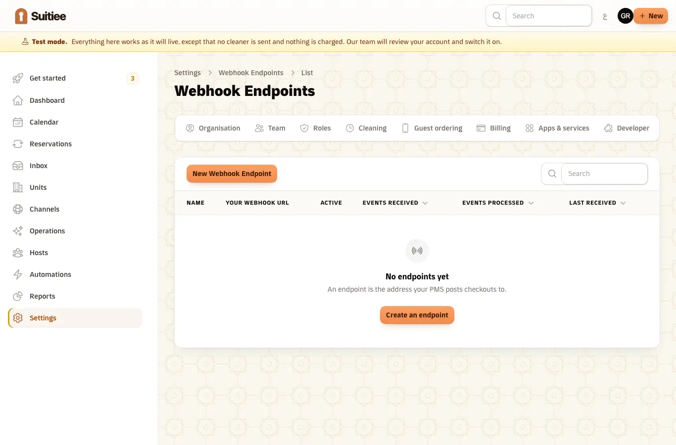 Webhook endpoints, with the receive URL and the secret