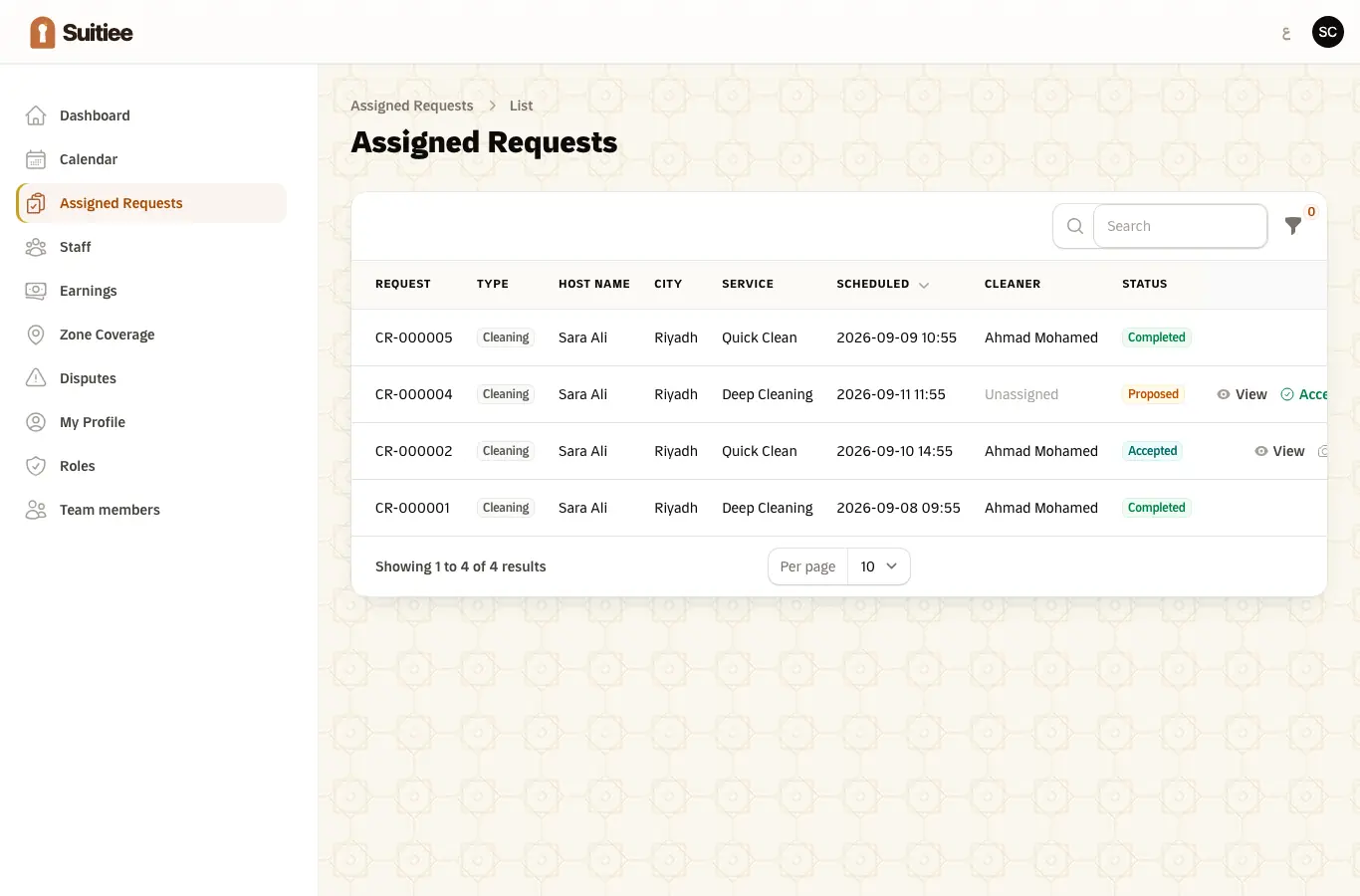 Assigned requests, with the offer and its window
