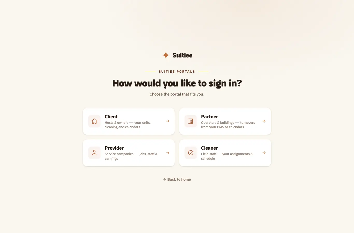 The Suitiee sign-in portal, naming each panel